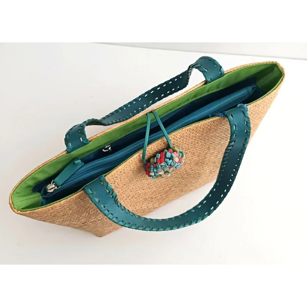 The Sak Rattan Shoulder Tote Turquoise Leather Straps Multi Stone Toggle Button